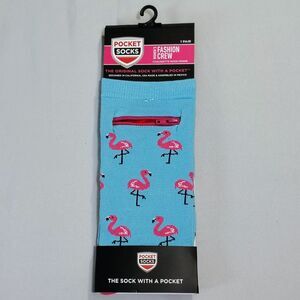 Pocket Socks Flamingos Crew Socks Zipper Pocket Men's 5-8 Women's 6-9 Blue Pink